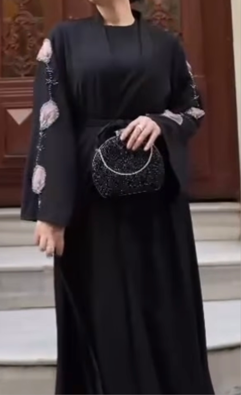 Black Embellished Organza Handwork Flower Abaya set
