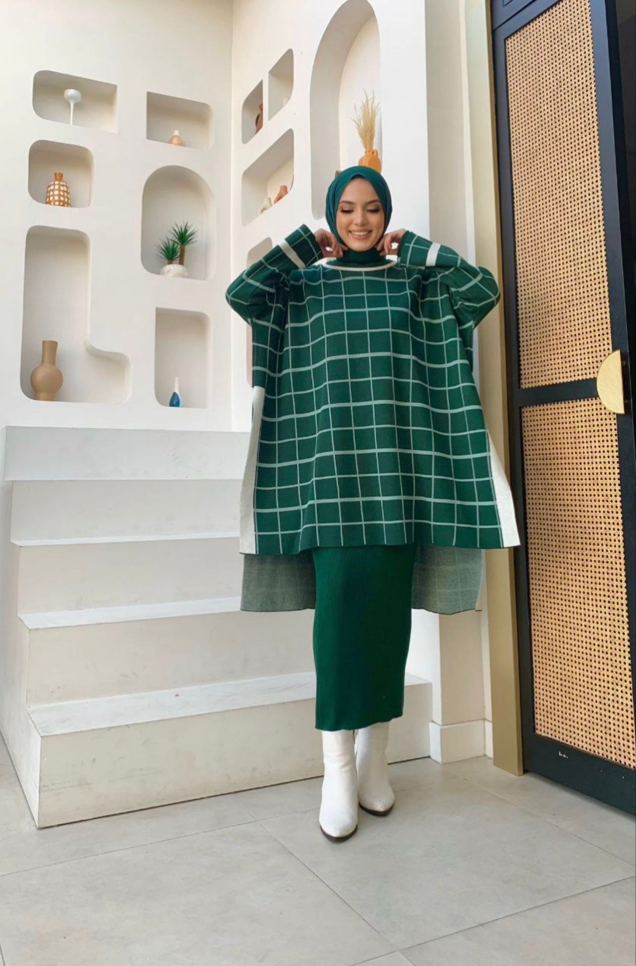 PLAID PATTERN Knitwear Open Slit Sweater Top