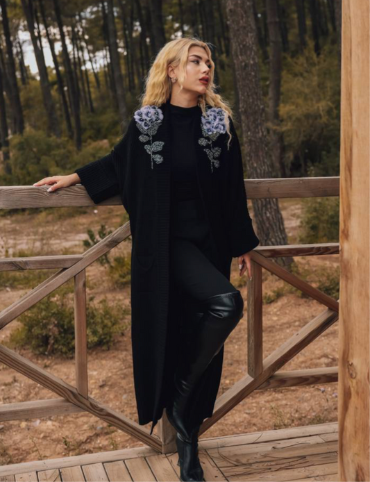 Embellished Beaded Black Knit Cardigan With Blue Hydrangeas Flower