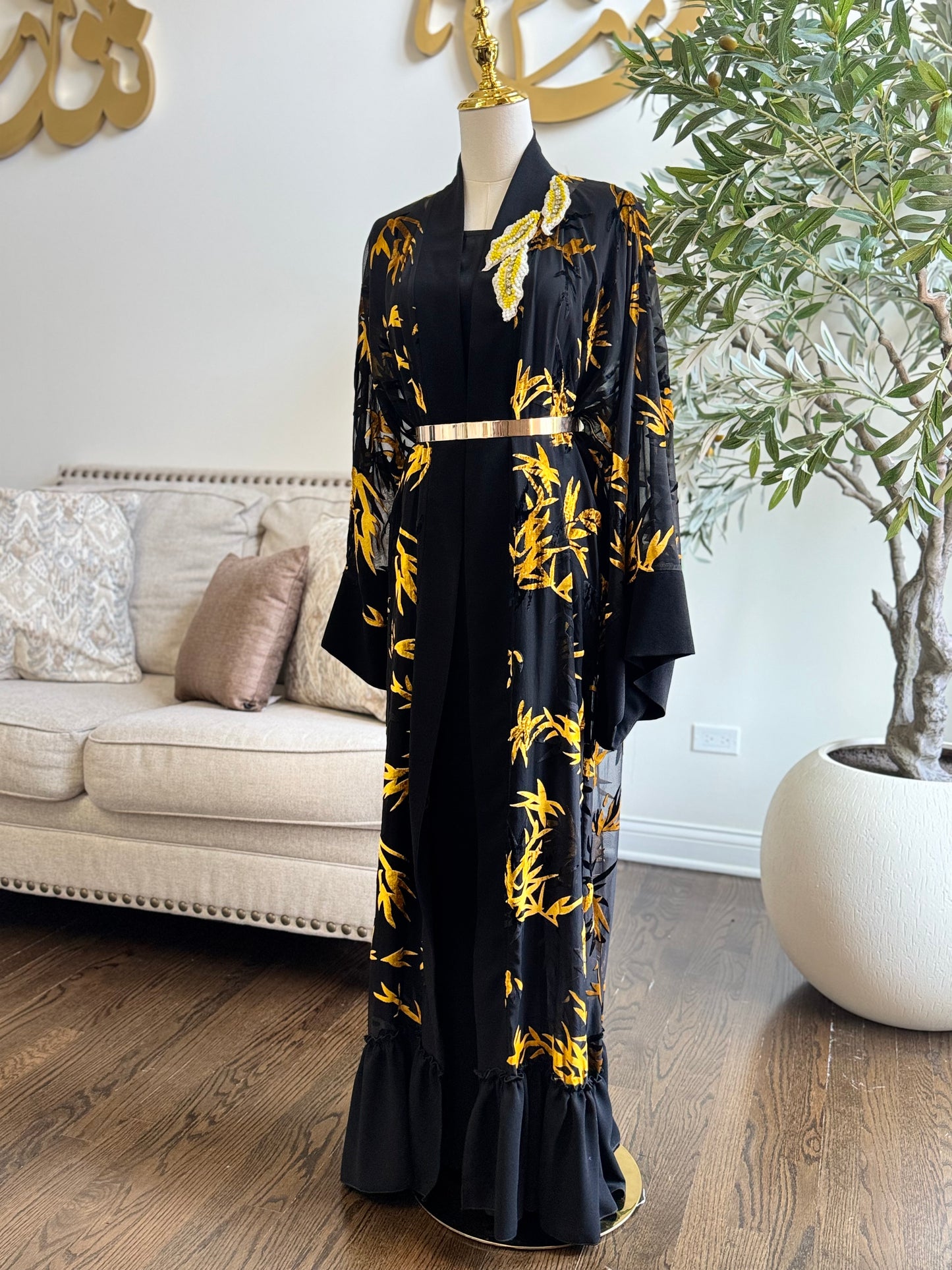 Chiffon velvet printed open abaya