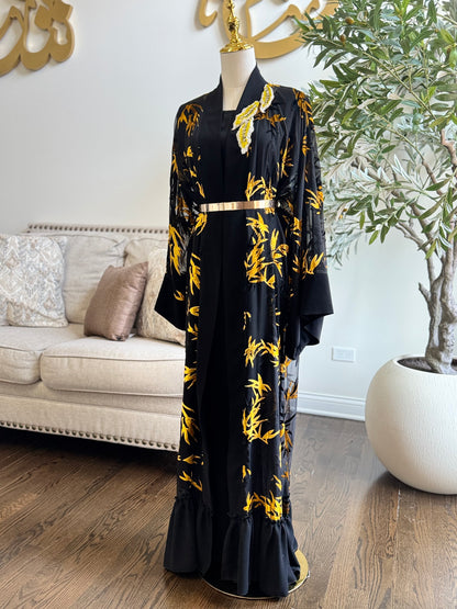 Chiffon velvet printed open abaya