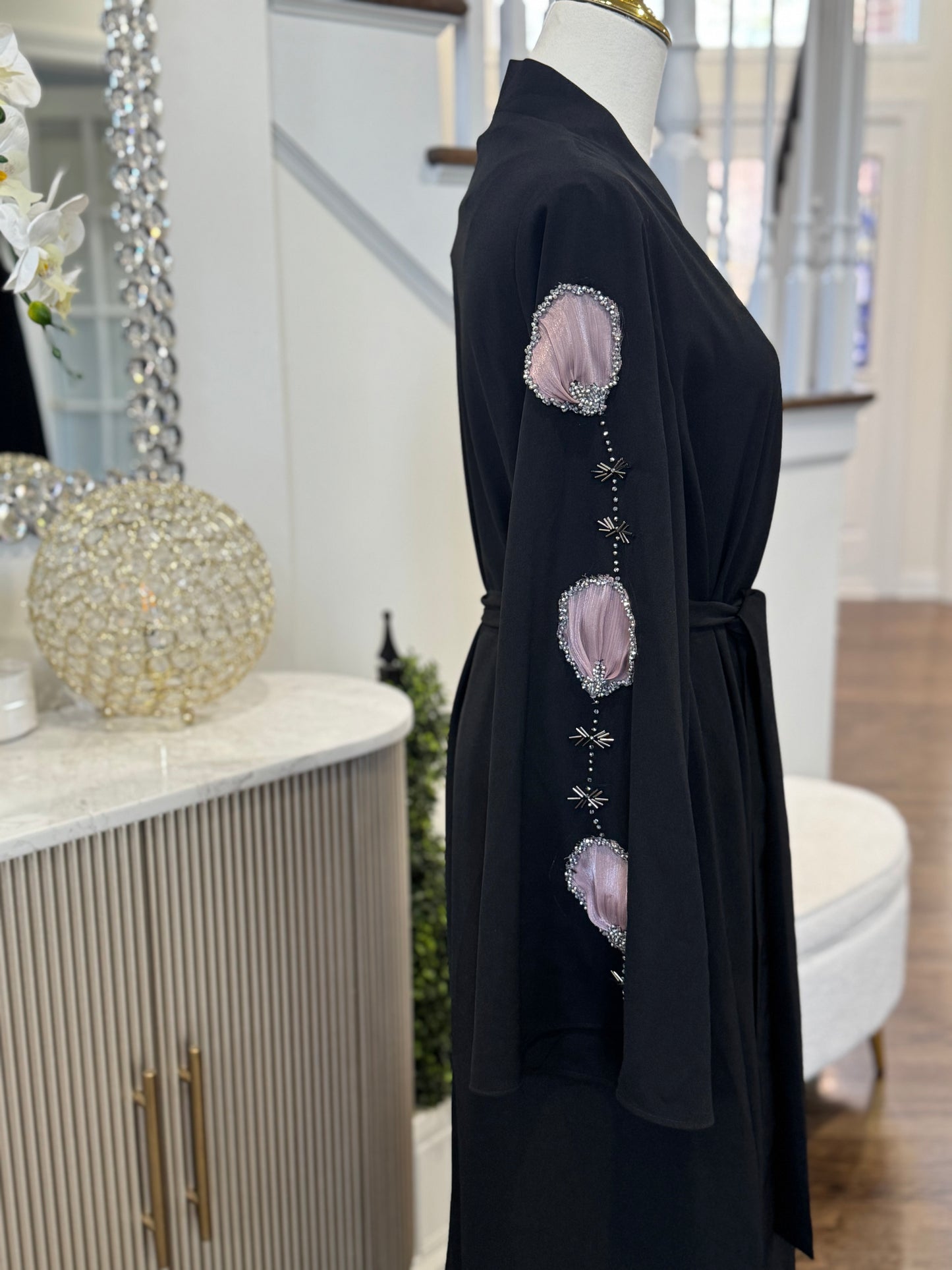 Black Embellished Organza Handwork Flower Abaya set