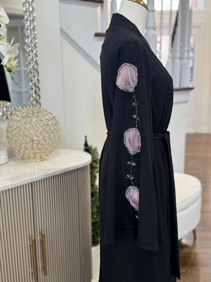 Black Embellished Organza Handwork Flower Abaya set