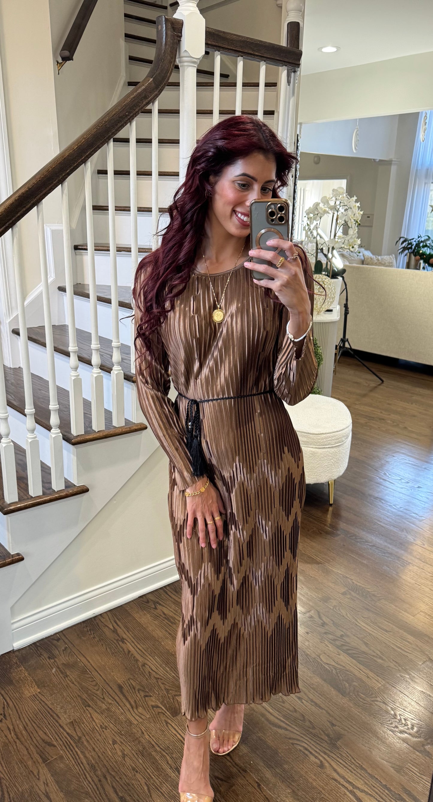 Long Sleeve Pleated Silk Maxi Belted Dress