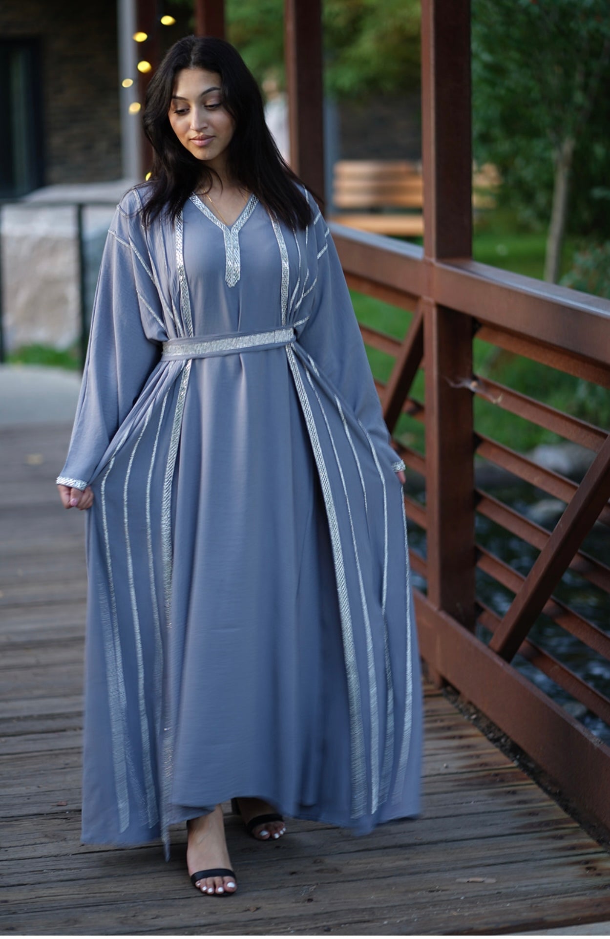 4 PIECE EMBELLISHED OPEN ABAYA WITH BELT, HIJAB AND INNER DRESS