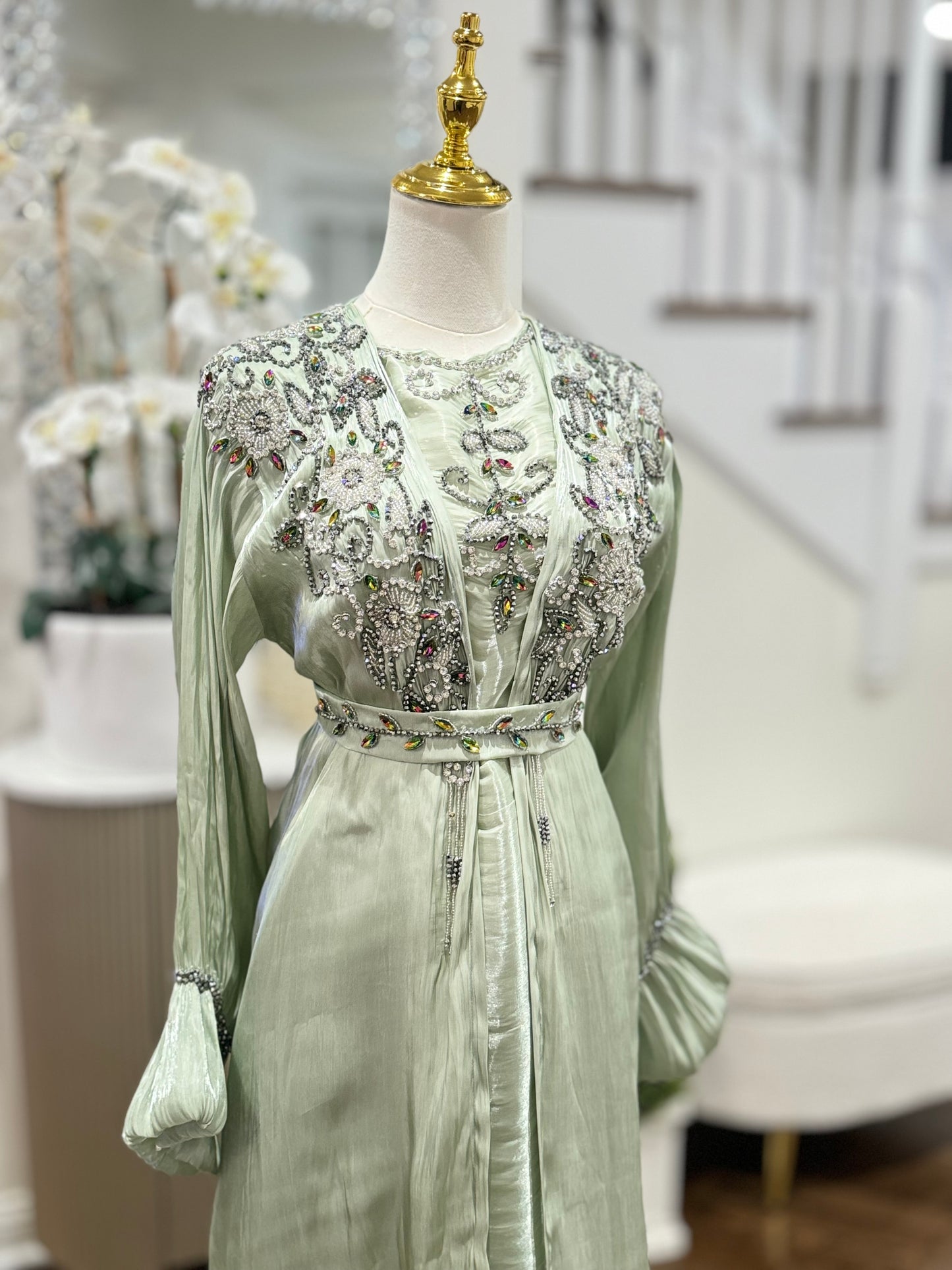4 Pcs Embellished Beaded Organza Open Abaya Sage