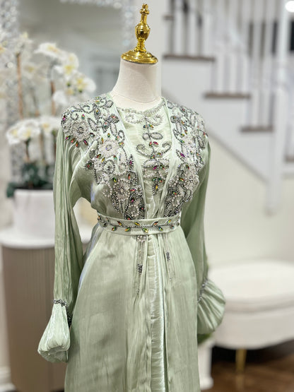 4 Pcs Embellished Beaded Organza Open Abaya Sage