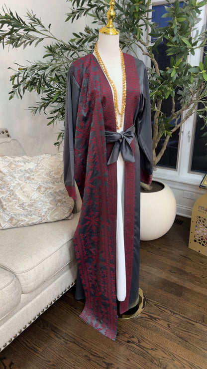 Luxury Charcoal Abaya with Red Embroidery Tatreez Thobe