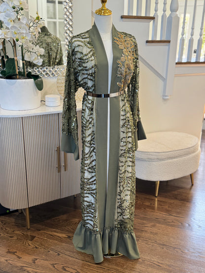 Golden Sequence Olive Elegance Ruffled Open Abaya
