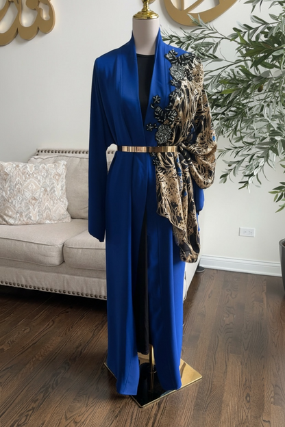 Navy blue Embroidered Embellished Draped shawl Open Abaya