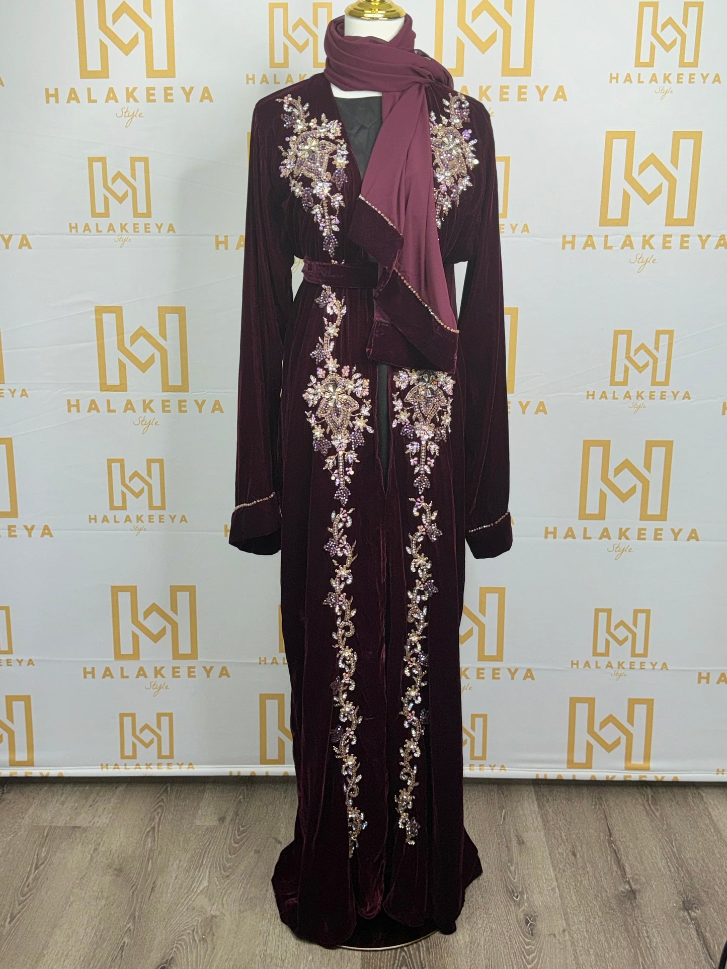 Wine maroon 3 pc set Embellished beaded velvet Abaya (A6)