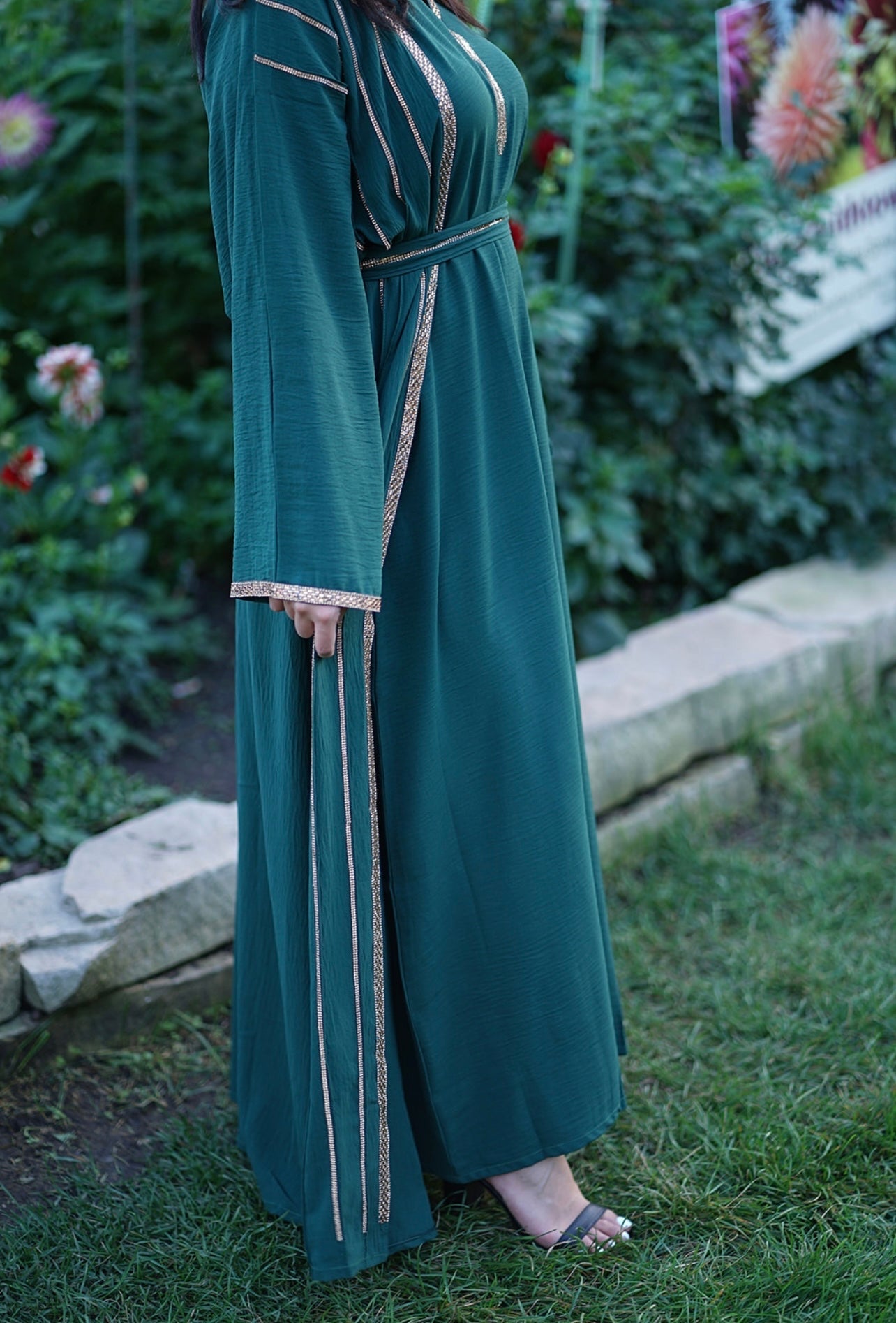 4 PIECE EMBELLISHED OPEN ABAYA WITH BELT, HIJAB AND INNER DRESS