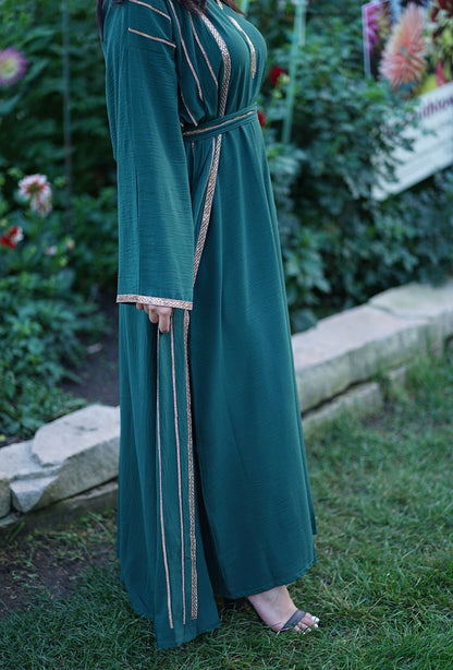 4 PIECE EMBELLISHED OPEN ABAYA WITH BELT, HIJAB AND INNER DRESS