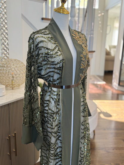 Golden Sequence Olive Elegance Ruffled Open Abaya