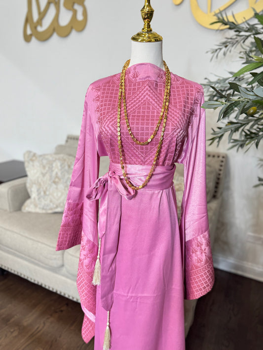 Pink Satin Embroidered Thobe Kaftan with Wide Sleeves