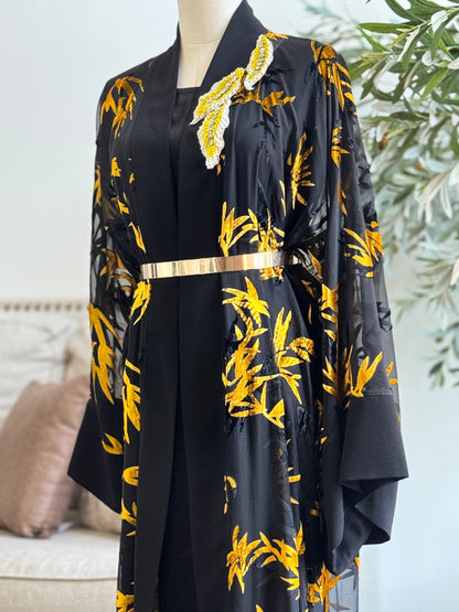 Chiffon velvet printed open abaya