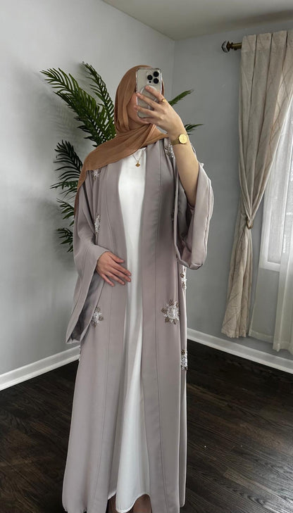 Embellished Handwork Beaded Gray Open Abaya Wide Sleeves