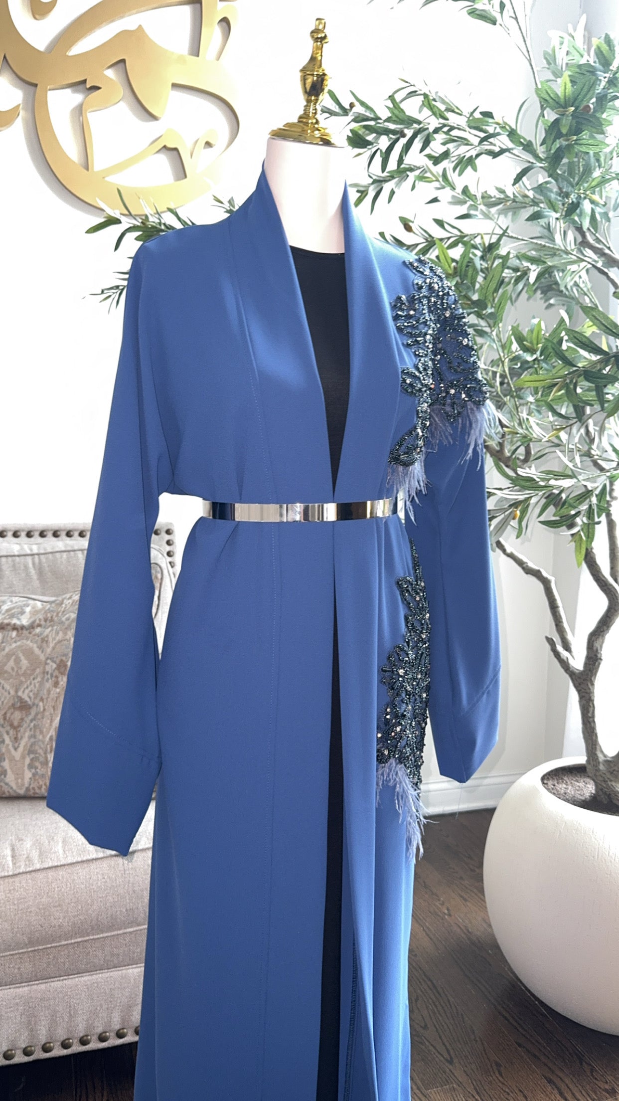 Royal blue Embroidered Embellished Feather Open Abaya
