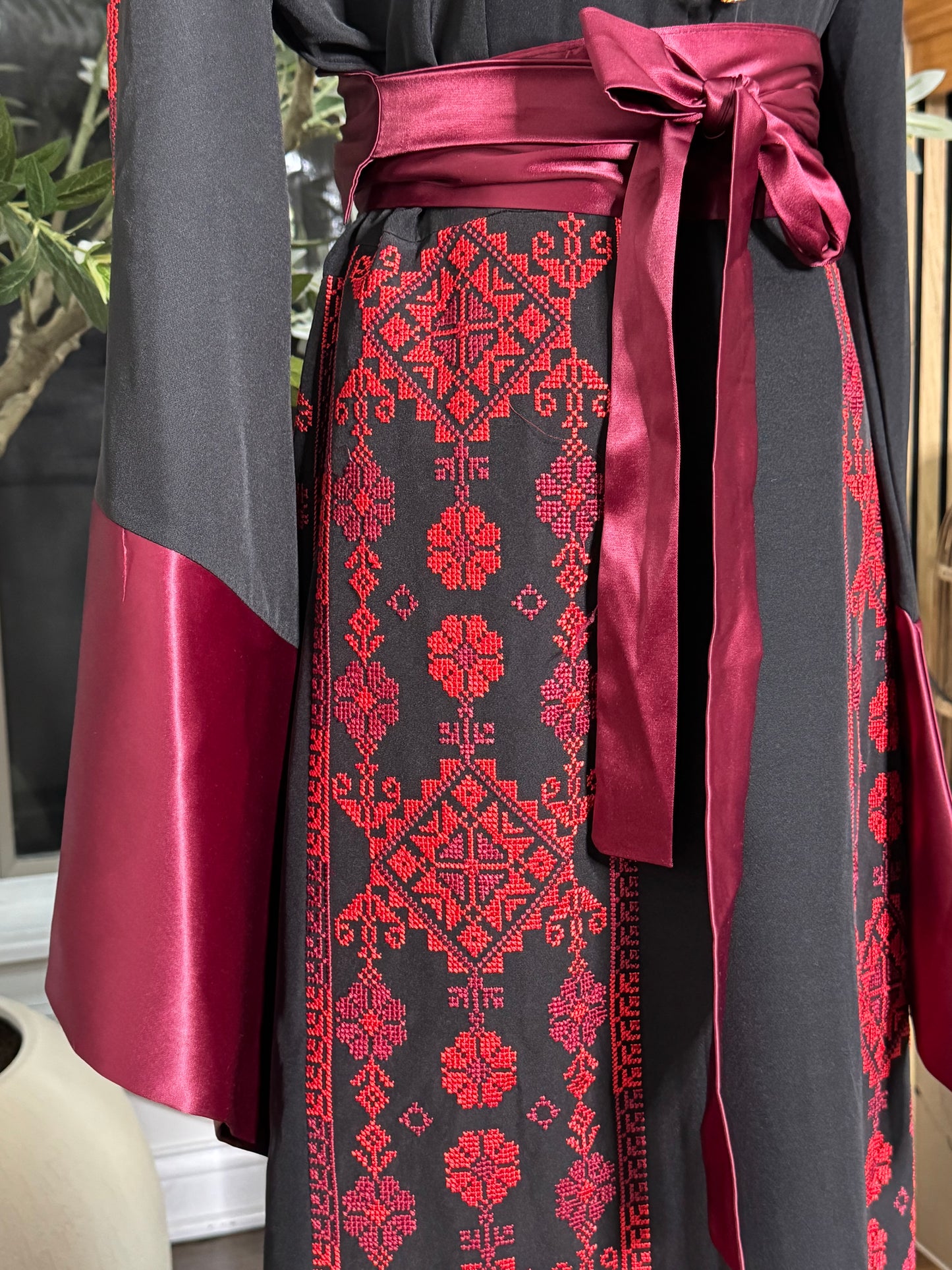 Palestinian Tatreez Thobe Wide Satin Sleeves 4 panels embroidered