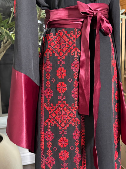 Palestinian Tatreez Thobe Wide Satin Sleeves 4 panels embroidered