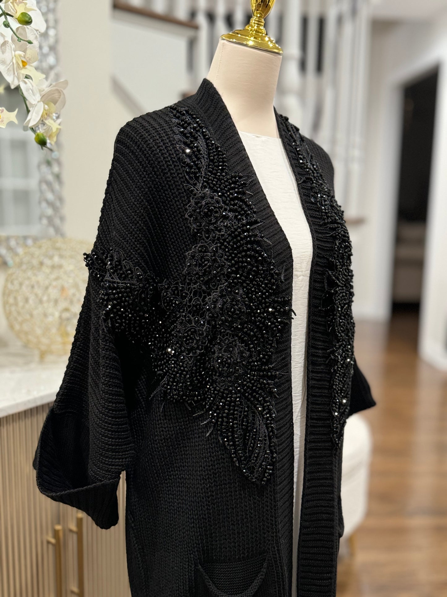 Embellished Beaded Knit Long Cardigan Jacket