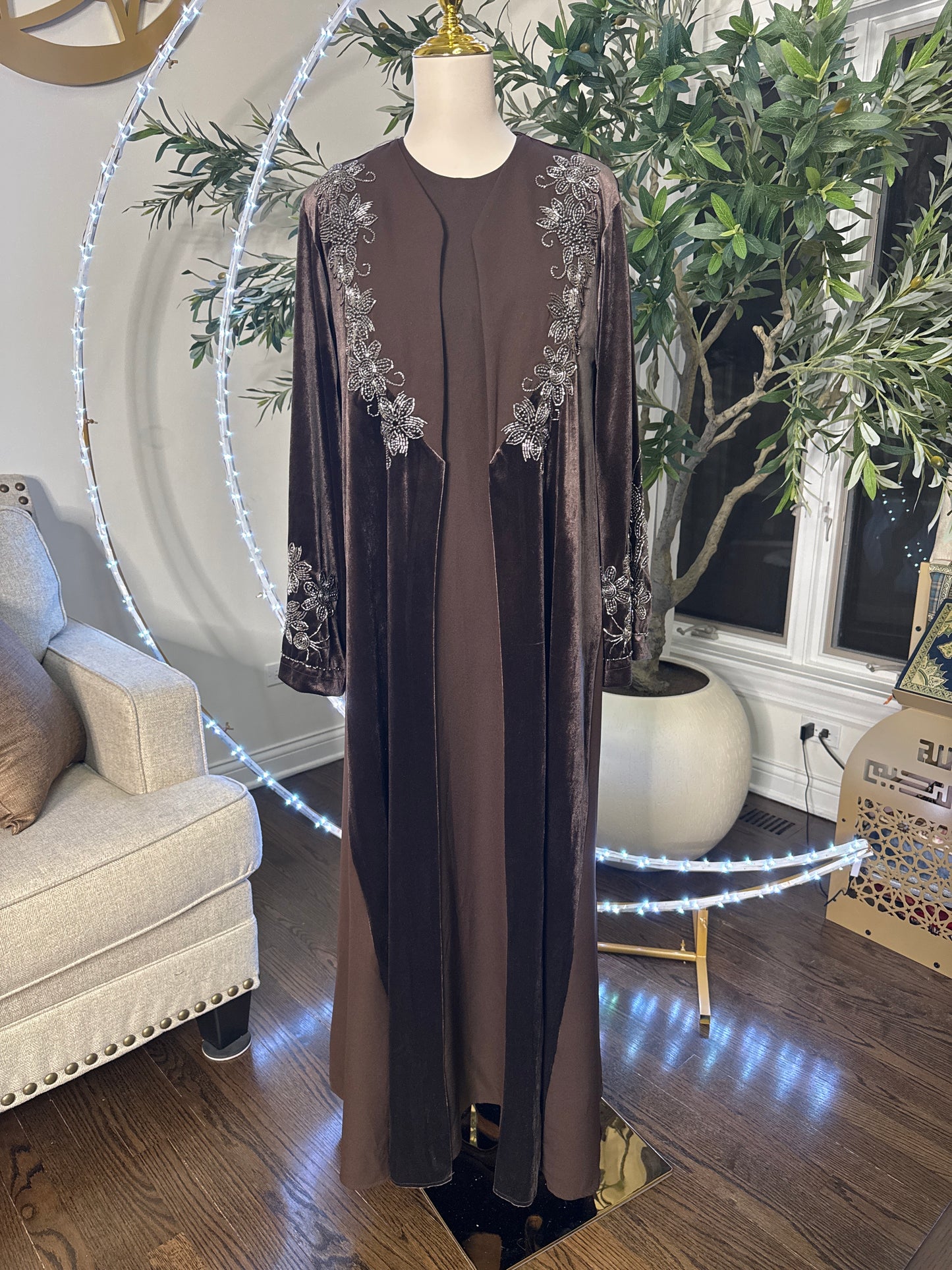 Velvet Beaded A Line Abaya set