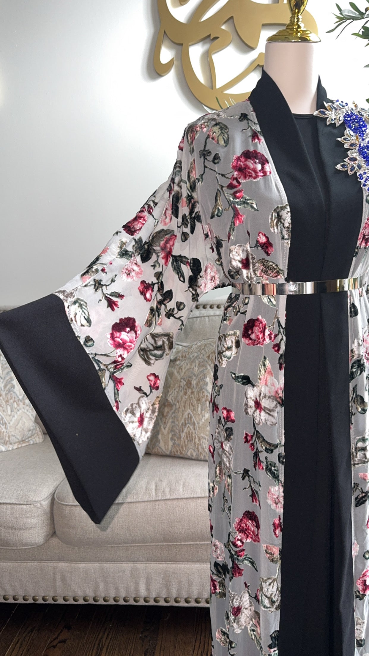 Embellished light Blue Velvet Bloom Chiffon Open Abaya