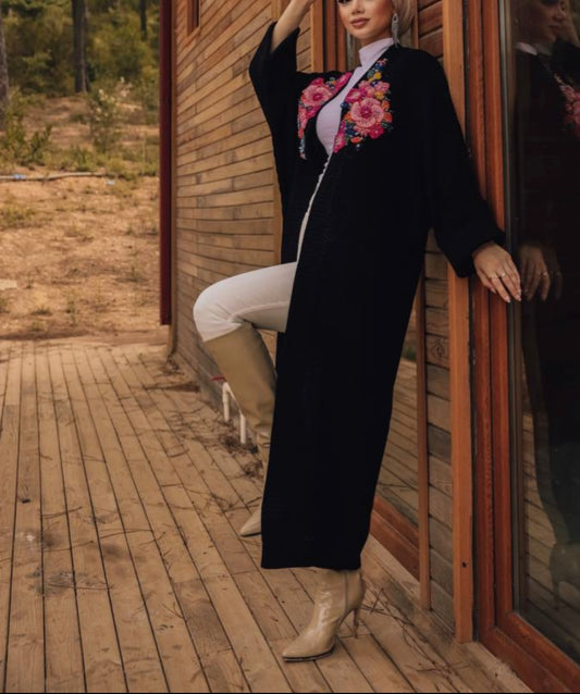 Embellished Beaded Flower Knit Long Cardigan Jacket
