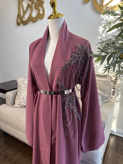 Pink Open Abaya With Embellished Beadwork