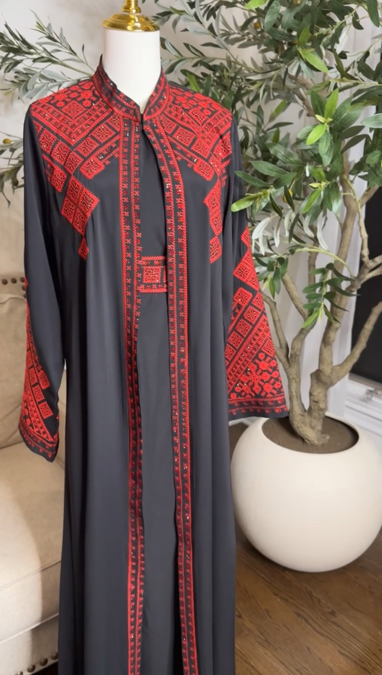 3 pcs Palestinian traditional embroidered tatreez open abaya Thobe