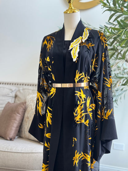 Chiffon velvet printed open abaya