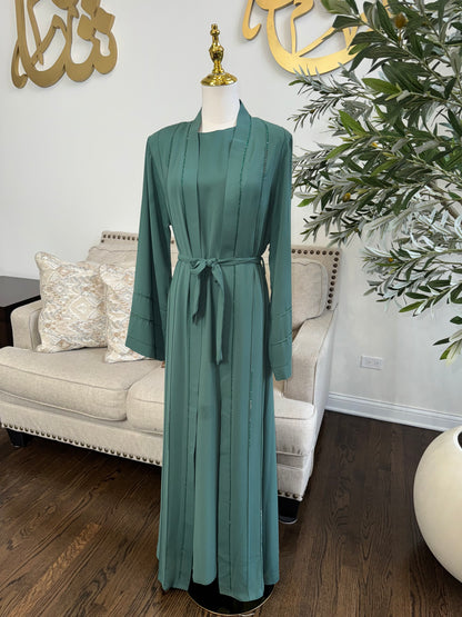 3 Pcs Elegant Rhinestone Embellished open Abaya with belt