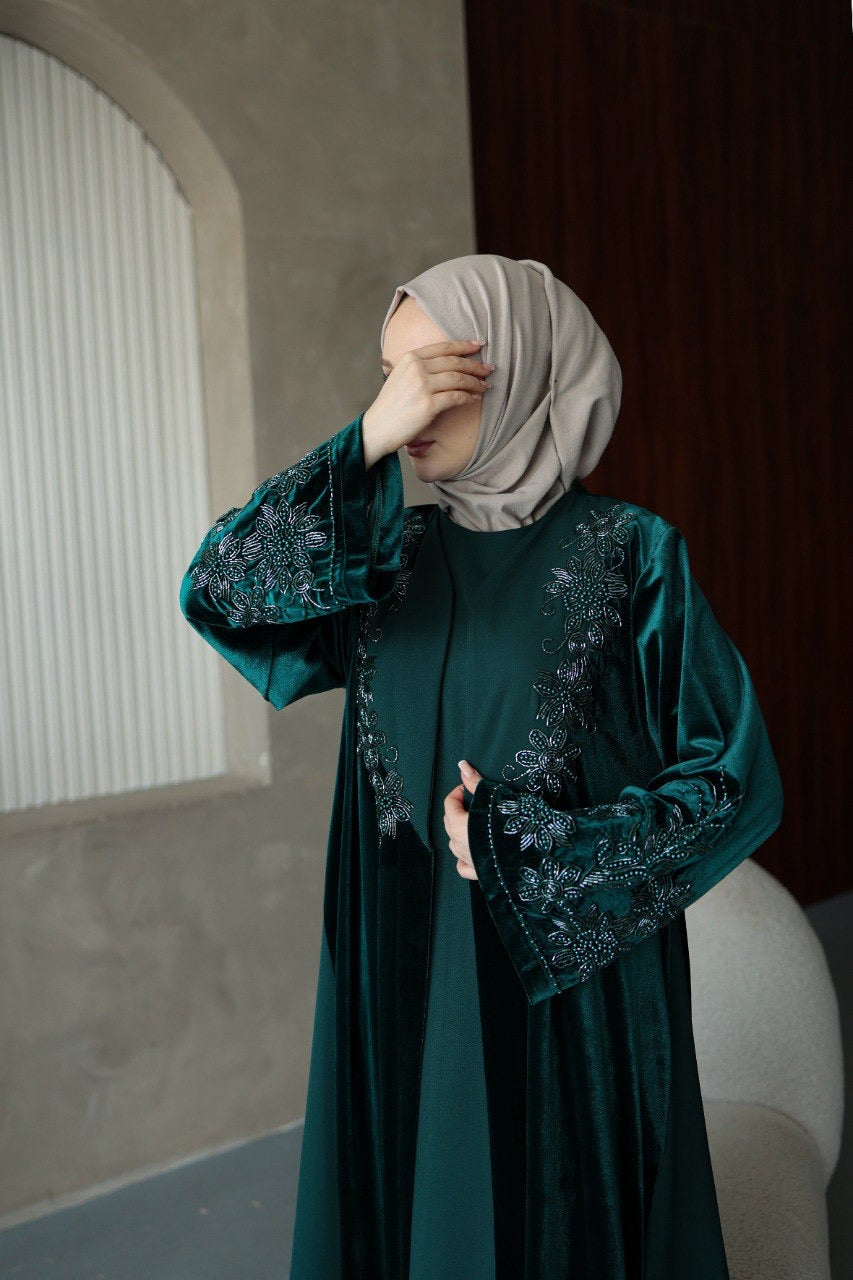 Velvet Beaded A Line Abaya set