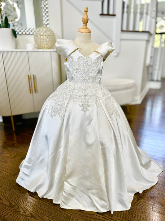Aida Luxury Off White Beaded lacePuffy Flower Girl Dress