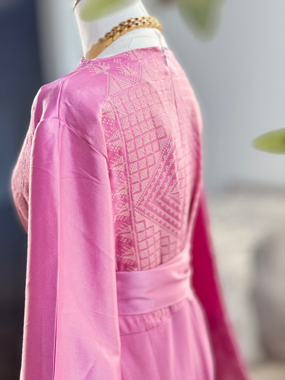 Pink Satin Embroidered Thobe Kaftan with Wide Sleeves