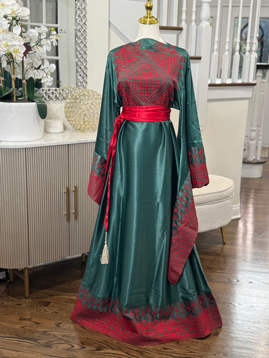 Green Satin Embroidered Thobe with Wide Sleeves