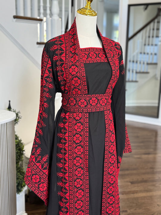 3 Pcs Palestinian Embroidered Tatreez Open Abaya Thobe