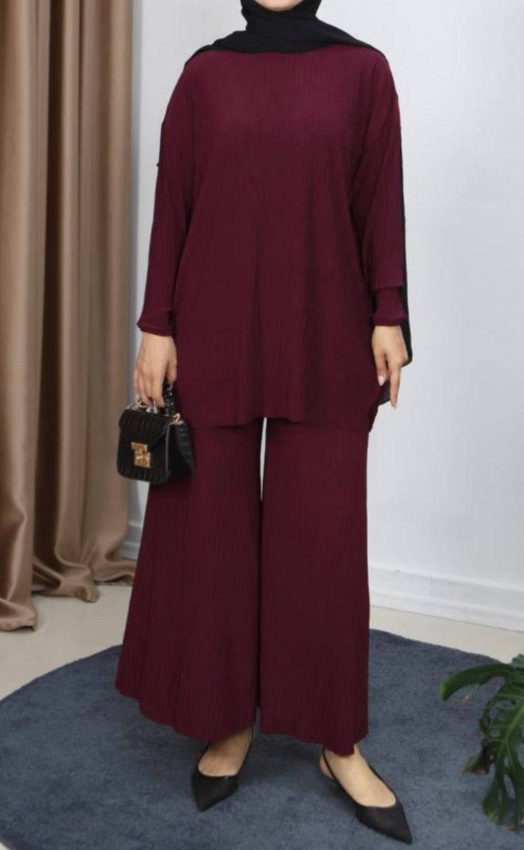 2 pcs Lycra pleated  wide casual solid color pants set