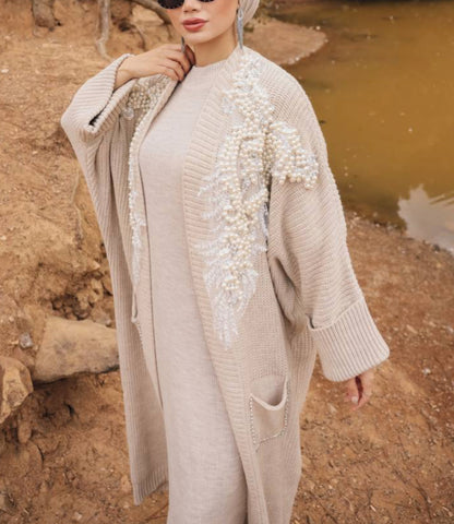 Feather-Embellished Pearls Knit Long Cardigan