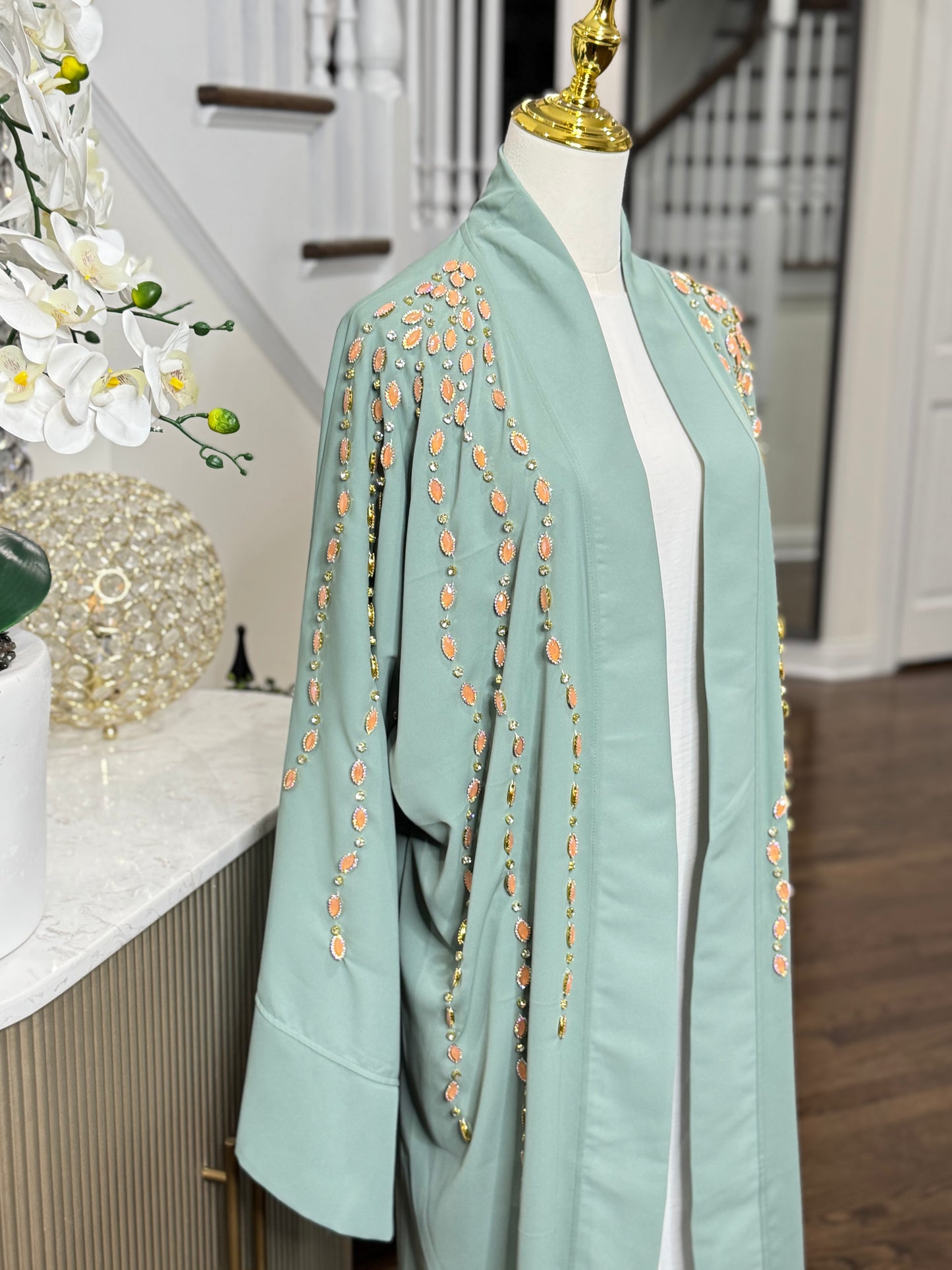 Embellished Open Abaya With Handwork Glass Beads wide Sleeves