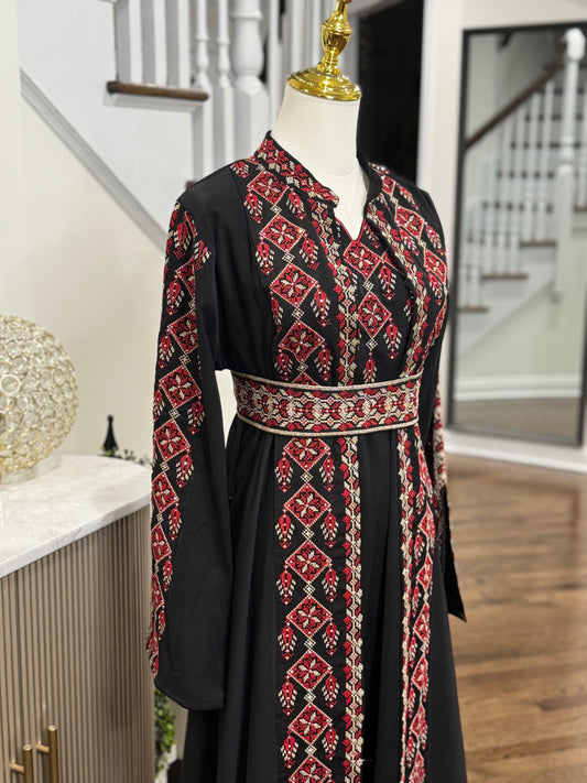 3 Pcs Black Red Tatreez Embroidered Thobe