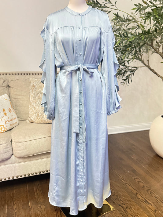 Blue Fog Ruffle Sleeve Tie Maxi Dress