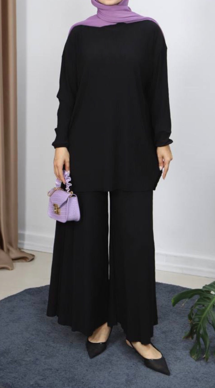 2 pcs Lycra pleated  wide casual solid color pants set