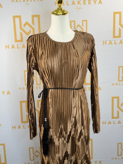 Long Sleeve Pleated Silk Maxi Belted Dress