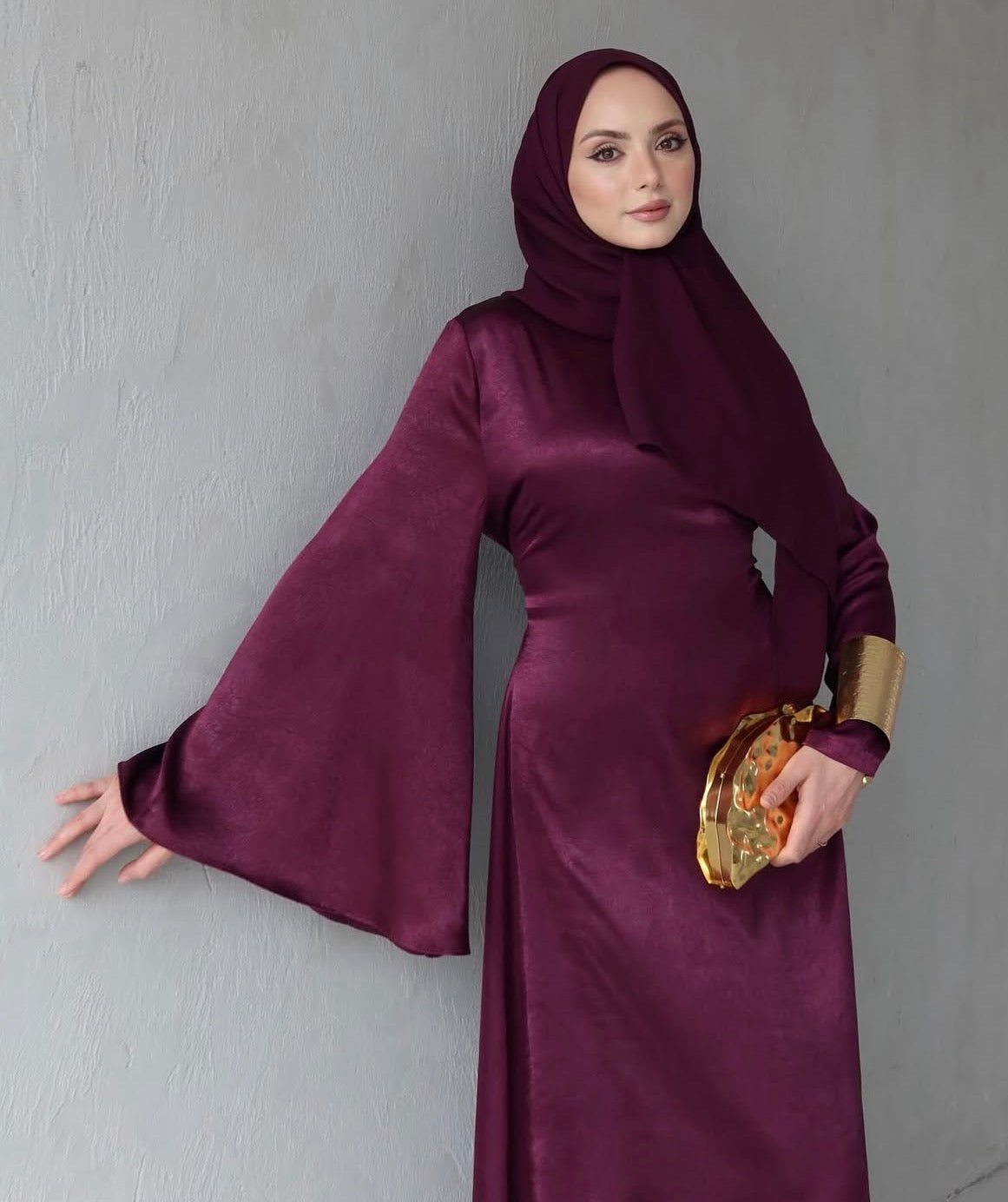 Soft Satin Dress Wide Bell Sleeves