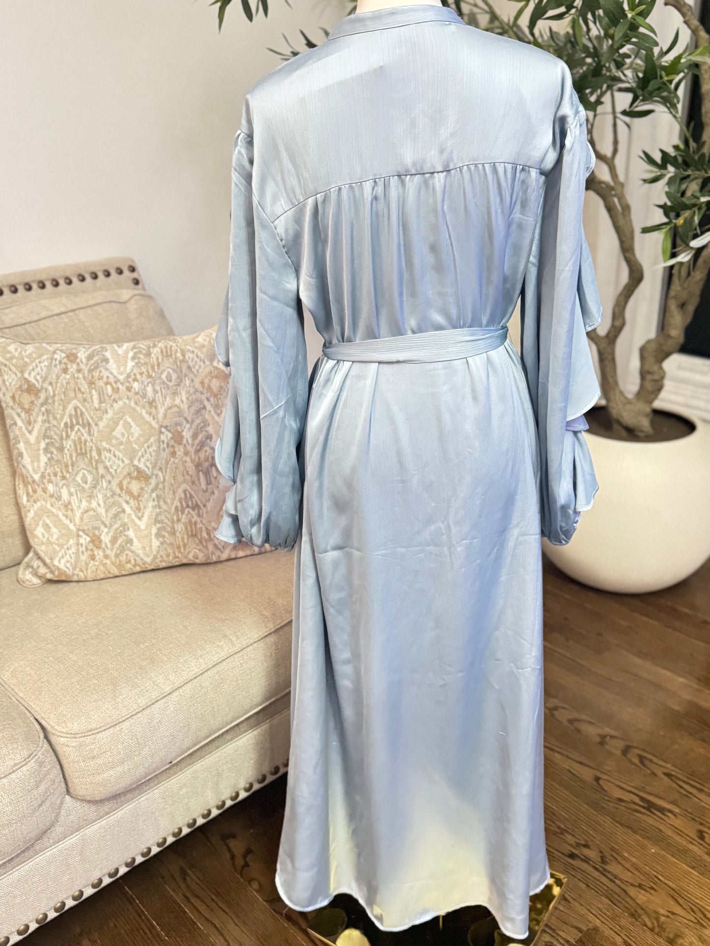 Blue Fog Ruffle Sleeve Tie Maxi Dress