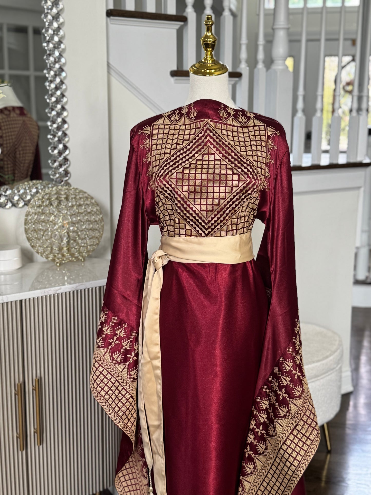 Satin Embroidered Thobe with Wide Sleeves