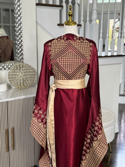 Satin Embroidered Thobe with Wide Sleeves