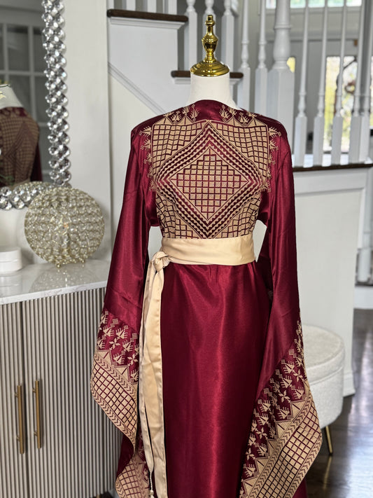 Satin Embroidered Thobe with Wide Sleeves