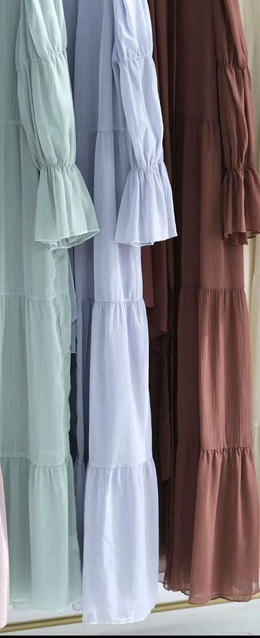 2-Piece Puff Sleeves Chiffon Abaya Set with Belt